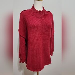 Women's Oversized Sweater Mock Neck Knit Luxury Jumper Casual Burgundy Size S